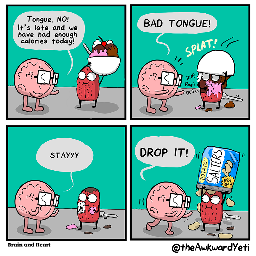 A four panel comic: Tongue holds a sundae above their head. They stare impassively at Brain. Brain reaches toward Tongue, beseeching: "Tongue, no! It's late and we have had enough calories today!" Tongue turns the sundae bowl over their head with a splat, and rubs the ice cream, chocolate sauce, and whipped cream all over themselves, all while watching Brain. Brain scolds: "Bad Tongue!" As Tongue finishes the ice cream, Brain holds up their hands in a stop gesture and says: "Stayyy." Now, Brain yells "Drop it!" as Tongue holds a package of salty snacks over their head and chips begin to fall down around them. The snack is called "potato salters", with potato in quotes, with a label reading "extra food-like!"