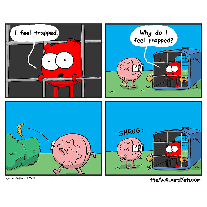 A four panel comic: Heart holds the bars of a cage and says: "I feel trapped." Heart is in a pet carrier with bars on each end. There's a food bowl in the carrier with them. The carrier is outside, on bright green grass under a blue sky. There's a shiny gold lock on the outside of the carrier and Brain stands next to it holding a ring of matching keys. Heart: "Why do I feel trapped?" Brain turns and throws the keys hard into some bushes. They turn back to Heart and shrug.