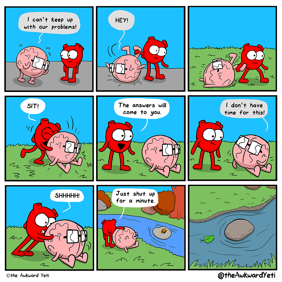 A nine panel comic: Brain staggers up to Heart and says: "I can't keep up with all our problems!" Brain yells "hey!" as Heart flips them over onto their back and then pulls them by a leg. Heart looks determined as they drag Brain out onto grass. Heart shoves Brain into a seated position and exclaims: "Sit!" Heart: "The answers will come to you." Brain turns to Heart: "I don't have time for this!" Heart grimaces. They grab Brain and turn them away and "shhhhh!" them. Brain is sitting on a grassy river bank with a rock in the middle of the flowing water. Heart's orange butterfly rests on the rock. Heart puts an arm around Brain: "Just shut up for a minute." A leaf floats down the river around the rock.