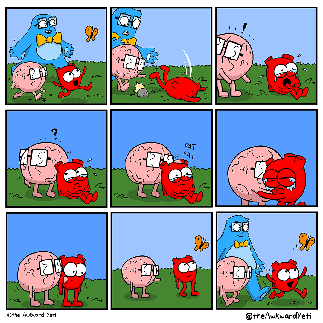 A nine panel comic: Heart frolics in a grassy field, running after their orange butterfly. Brain and Lars, a furry blue yeti wearing glasses and a yellow bowtie, run along behind them. Heart trips over a rock and faceplants. Lars grimaces. Heart cries and holds their knee. Brain looks back with an exclamation mark and gestures to Heart for someone to help. Lars and the butterfly are gone. Brain looks around with a question mark. Brain pats Heart on the head. Heart gets up and the two of them hug while Heart continues to cry. Brain supports Heart under one arm. Heart begins to smile. Heart walks forward a little, looking up at their butterfly. Now, the butterfly flies overhead and Heart runs after it, grinning. Brain and Lars follow.